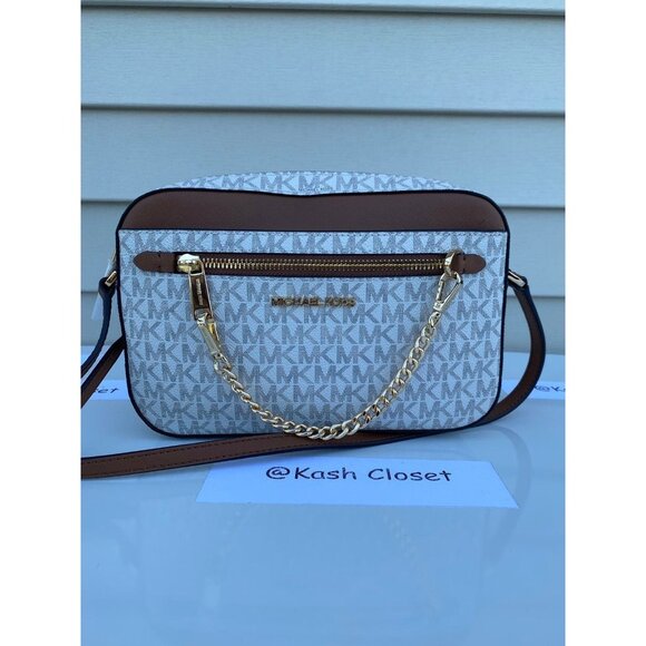Michael Kors crossbody bag large chain zip purse Jet set MK Signature Vanilla - Picture 10 of 10